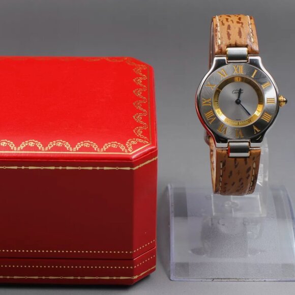 Cartier 30mm Unisex Brown Strap Watch w/ Red Cartier Box - Picture 2 of 7